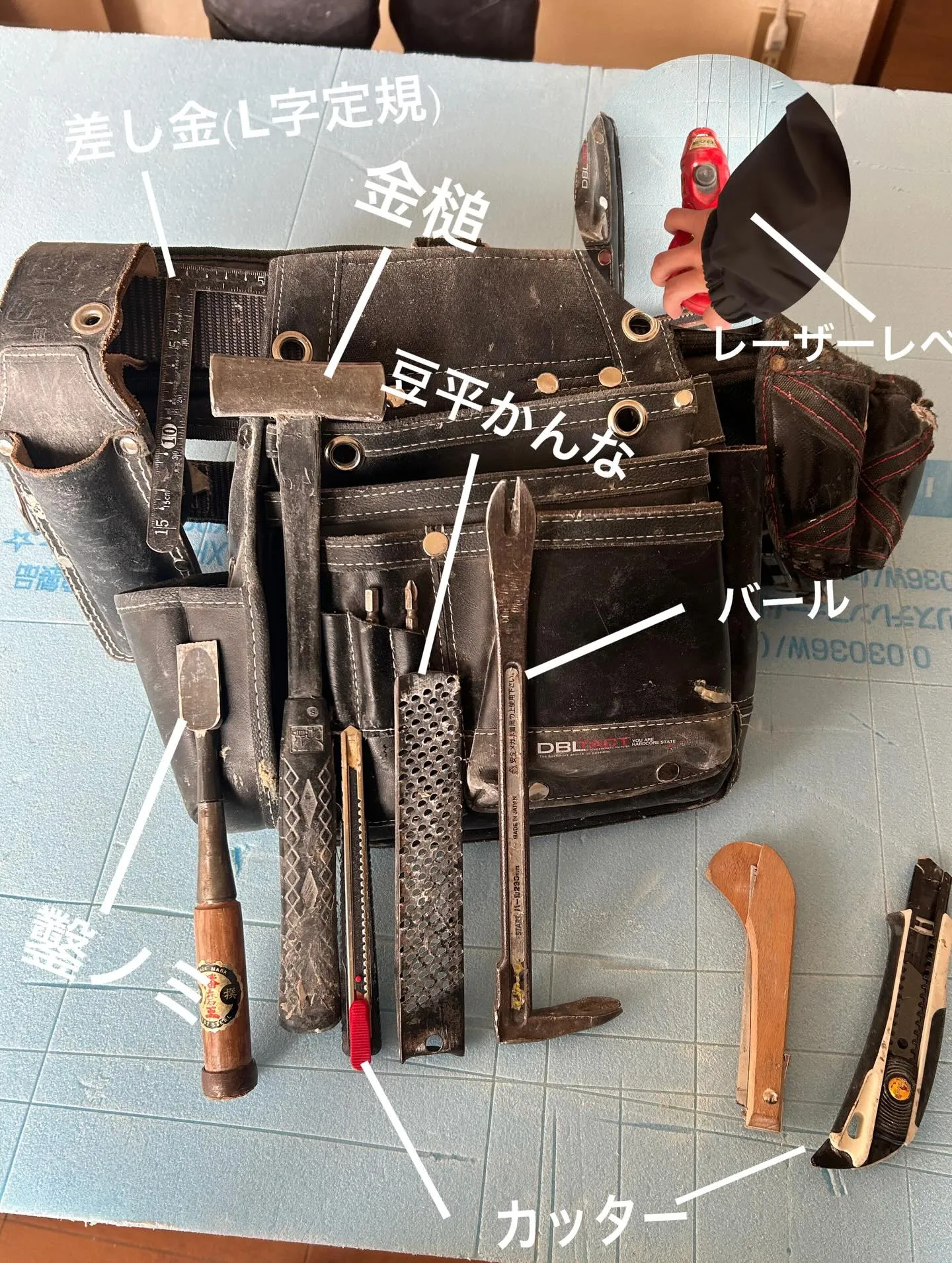 建築関係、内装工事関係の人が腰に巻いている工具入れ(腰袋)の...